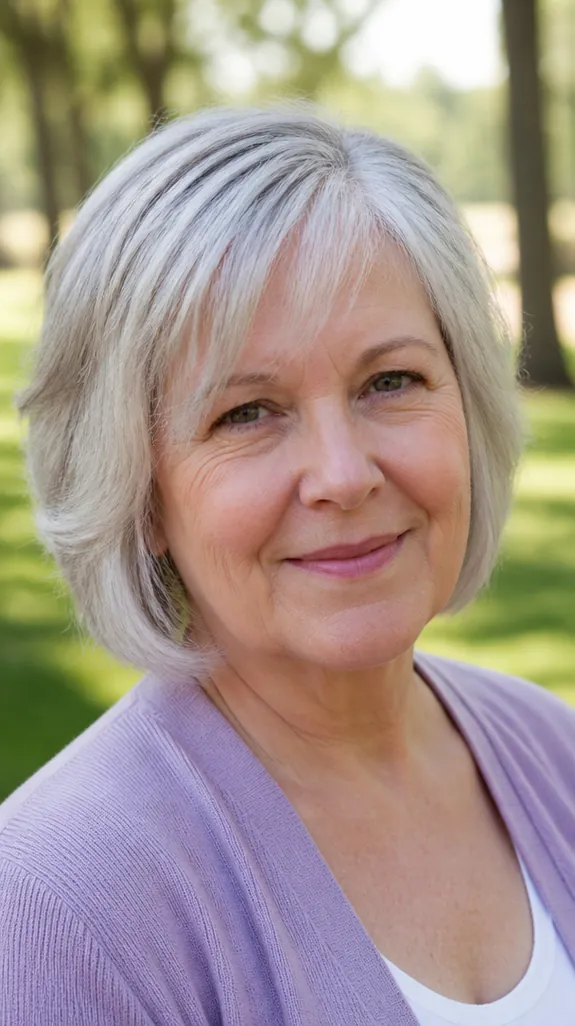 woman in her sixties with a round face and a layered gray bob