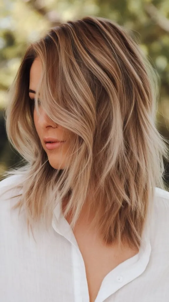 woman with medium-length layered hair and caramel balayage