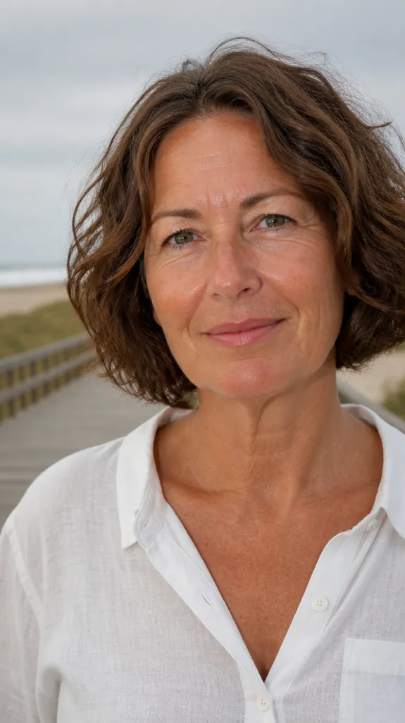woman in her fifties with a layered bob on natural waves