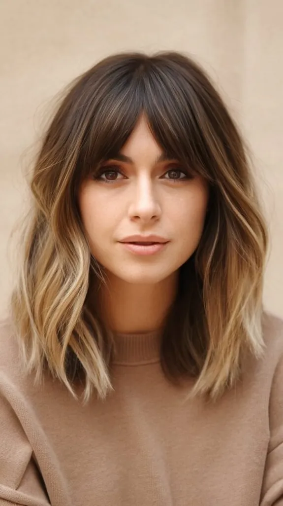 woman with curtain bangs and face-framing layers