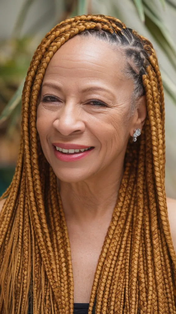 Black woman over 50 with golden side-swept lemonade braids