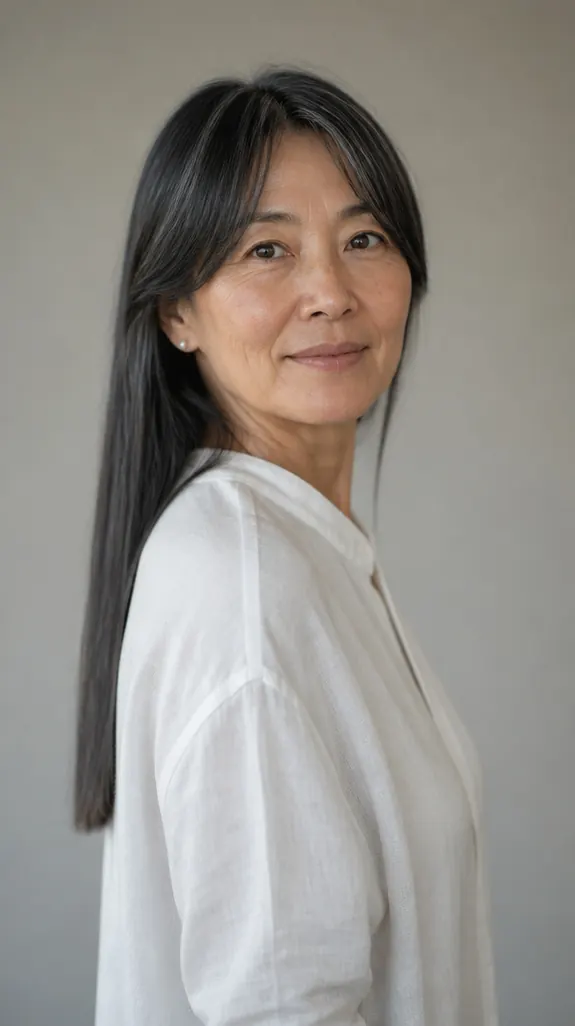 East Asian woman over 50 with a long blunt cut and curtain bangs