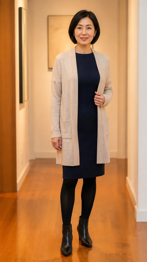 woman in her fifties wearing a long cardigan over a knit dress