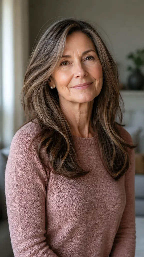 woman over 60 with long brunette layers blending gray