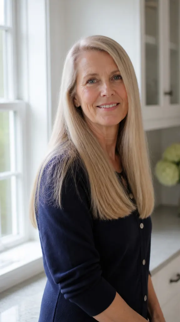 woman over 60 with long fine blonde hair and a blunt perimeter
