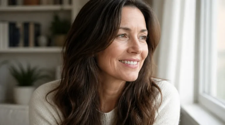 woman in her fifties with long, glossy brown hair smiling by a window