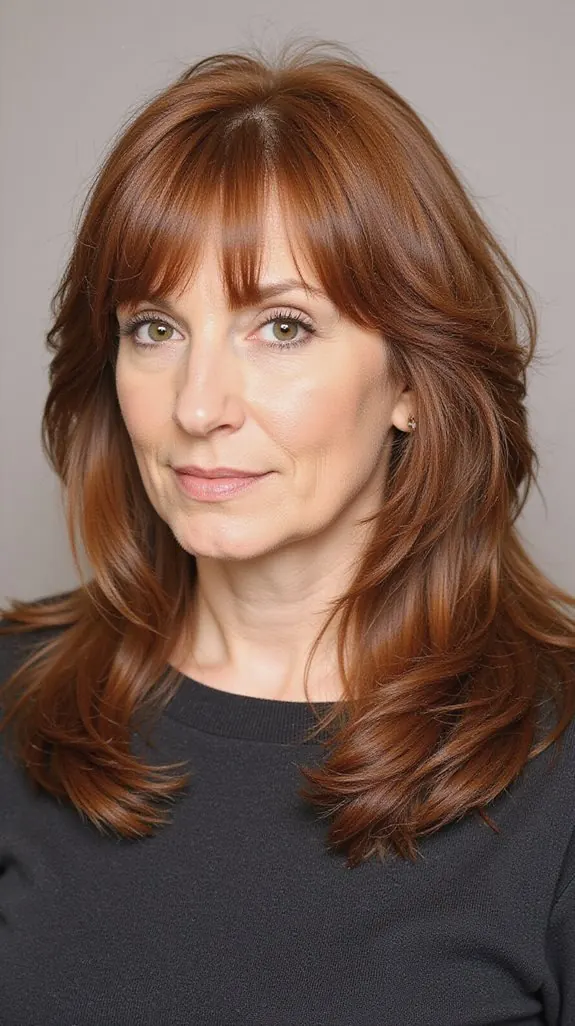 woman over 50 with long auburn layers and side-swept bangs