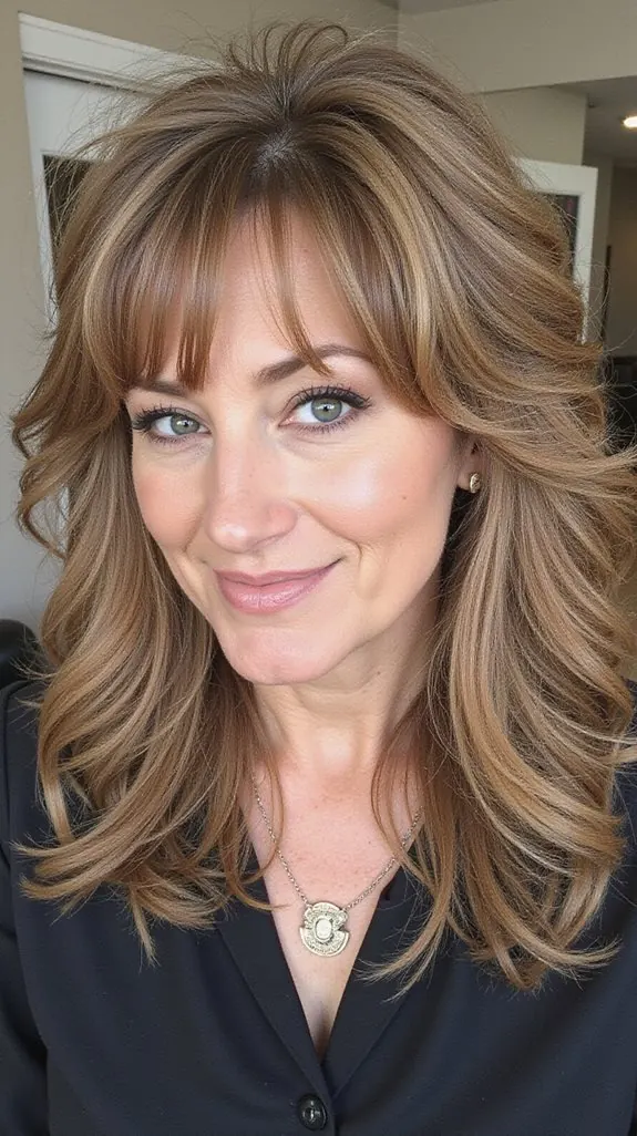 woman over 50 with a long shag and feathered layers