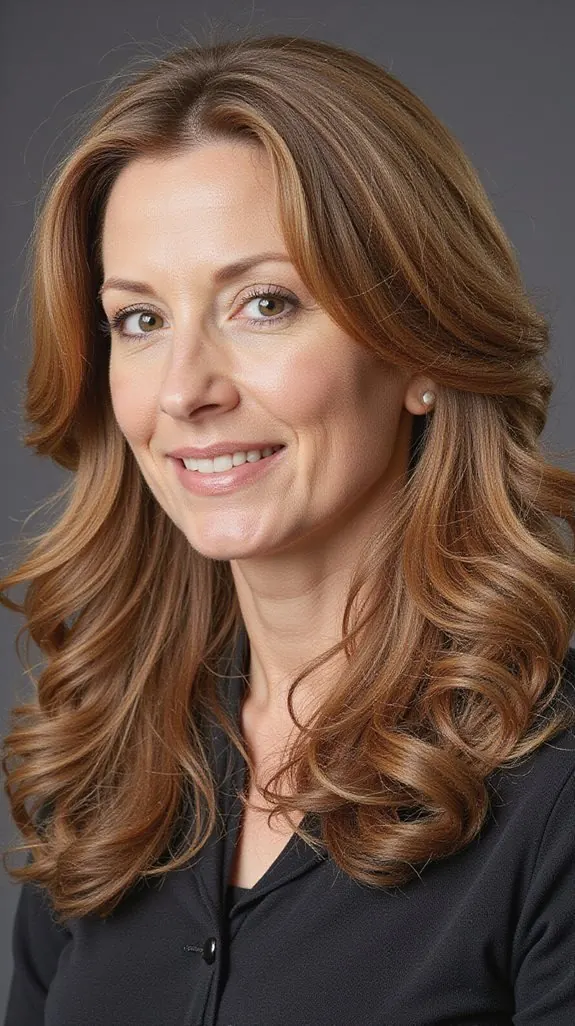 woman over 50 with cascading layers in warm honey tones