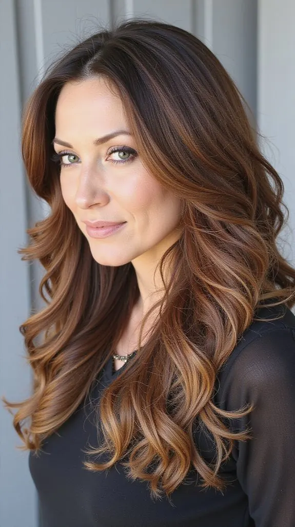 woman over 50 with long layers and copper balayage