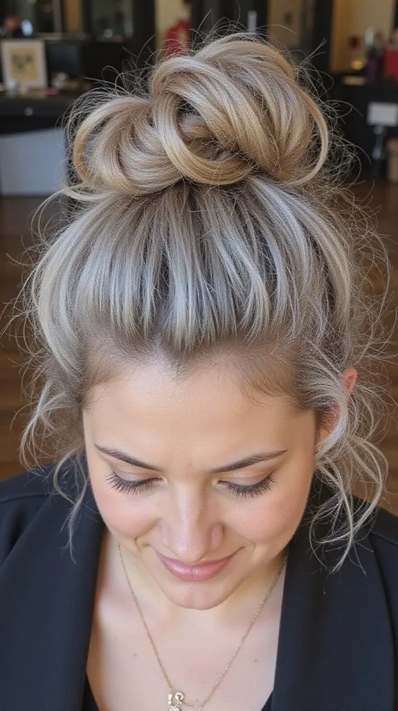 woman with a messy top knot and face-framing pieces