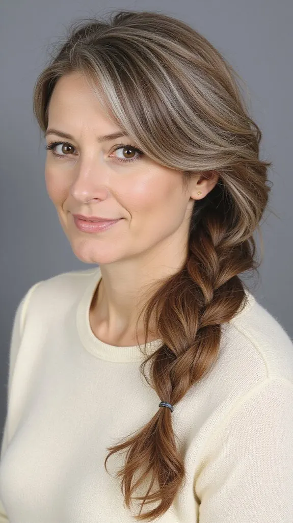 woman over 50 with a loose side fishtail braid