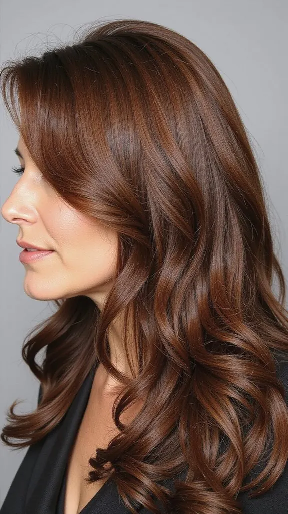 woman with side-swept glossy waves, seen in profile