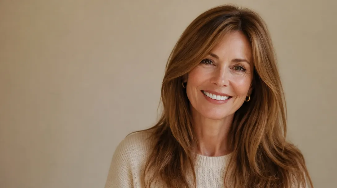 woman over 50 with long layered honey-brown hair