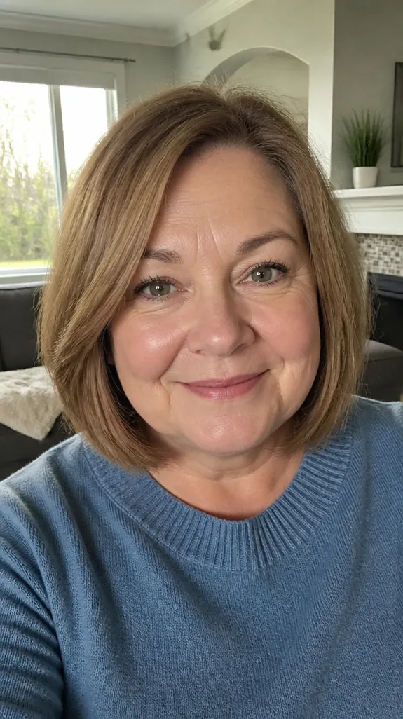 woman in her fifties with a round face and a long layered bob ending below the chin
