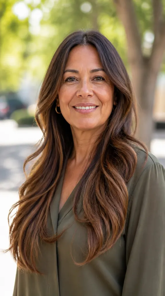 Latina woman over 50 with long layers and caramel balayage