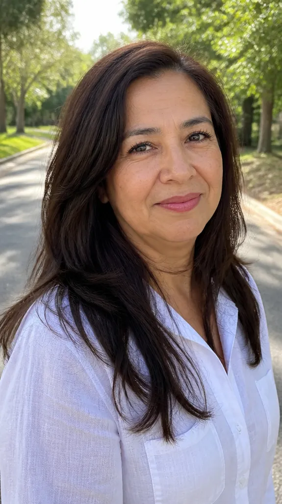 woman in her fifties with a round face and long layers below the shoulders