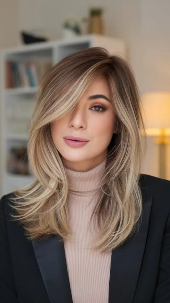 woman with long layers on medium-length hair