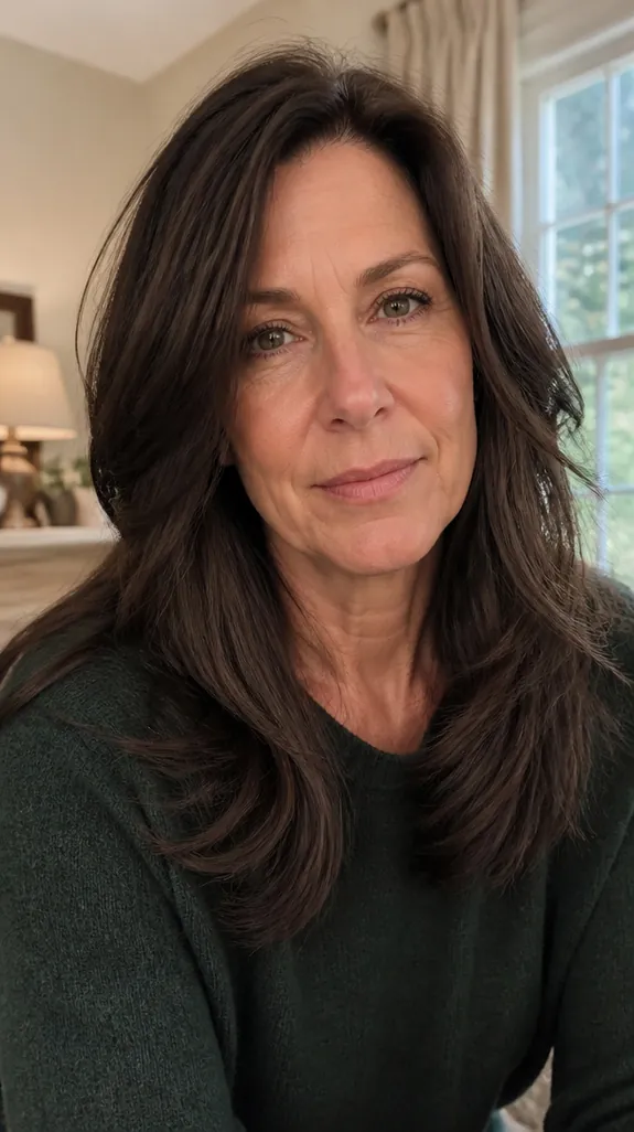 woman in her fifties with long layered thick hair
