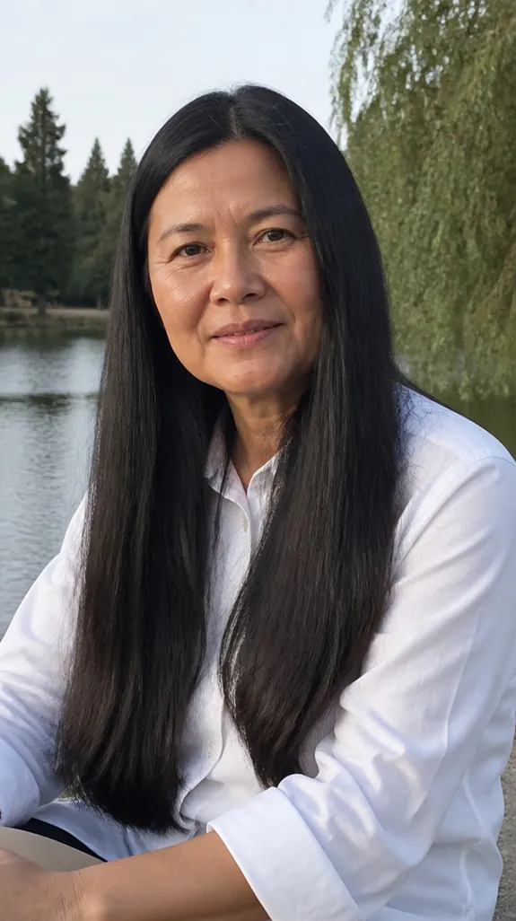 woman in her fifties with long one-length hair