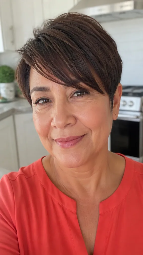 woman in her fifties with a long pixie and side-swept bangs