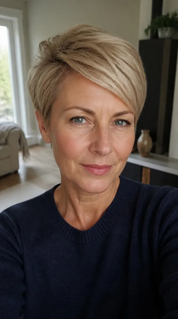 woman in her fifties with a long pixie swept to one side