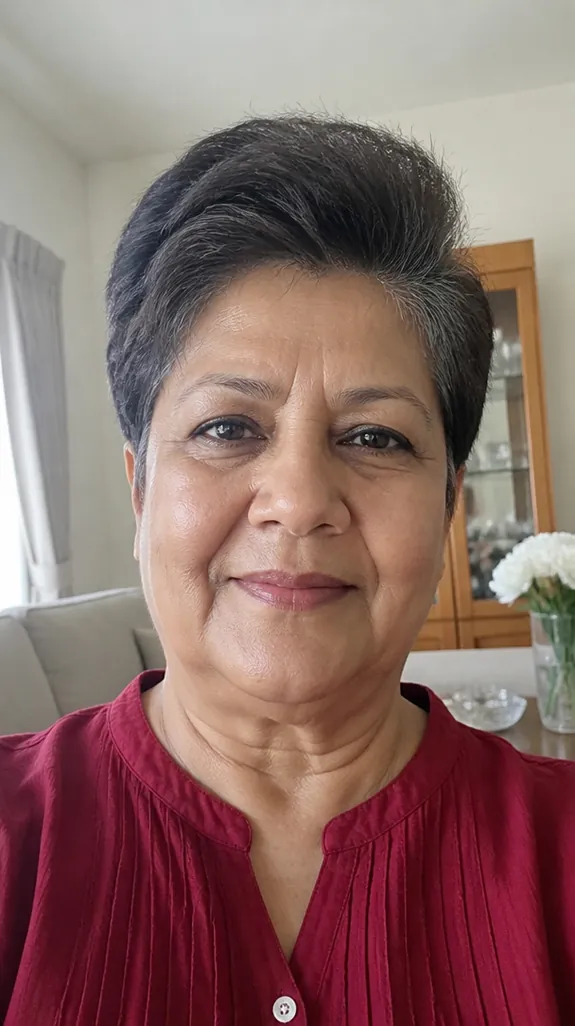 woman in her sixties with a round face and a long pixie with volume on top