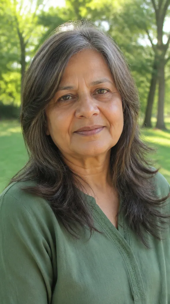 woman in her sixties with a long shag past the shoulders