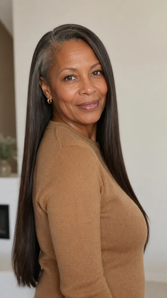 Black woman over 50 with long sleek straight hair and a deep side part