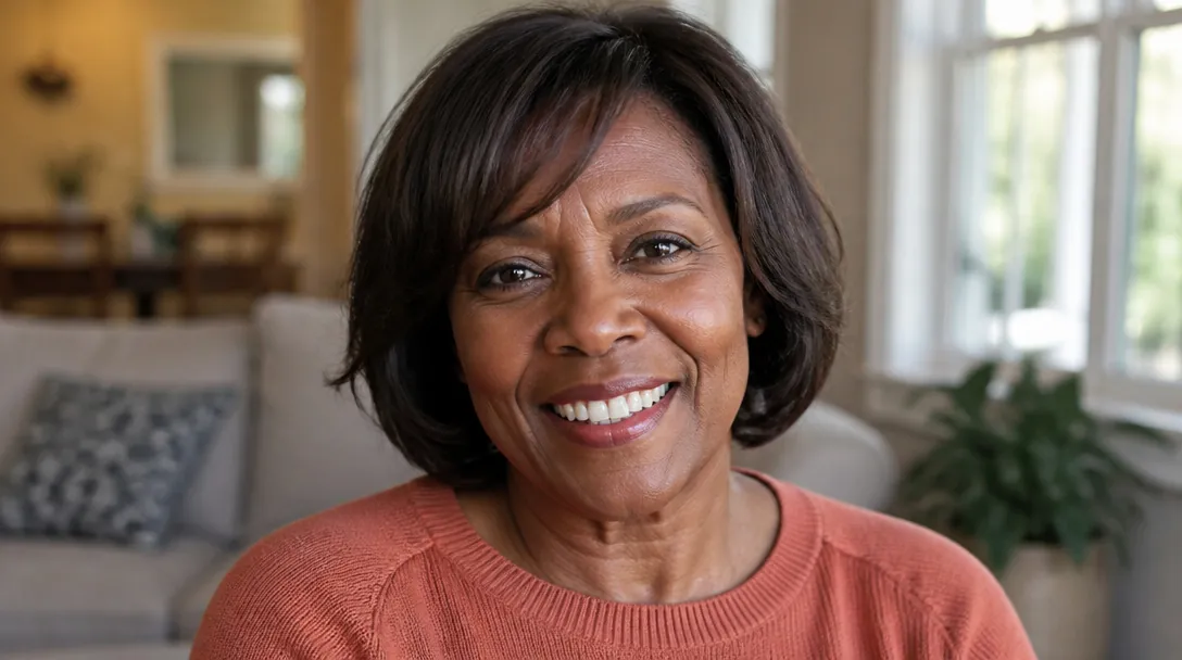 smiling woman in her fifties with an easy layered bob