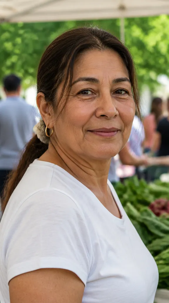 woman in her fifties with long hair pulled back in a low ponytail