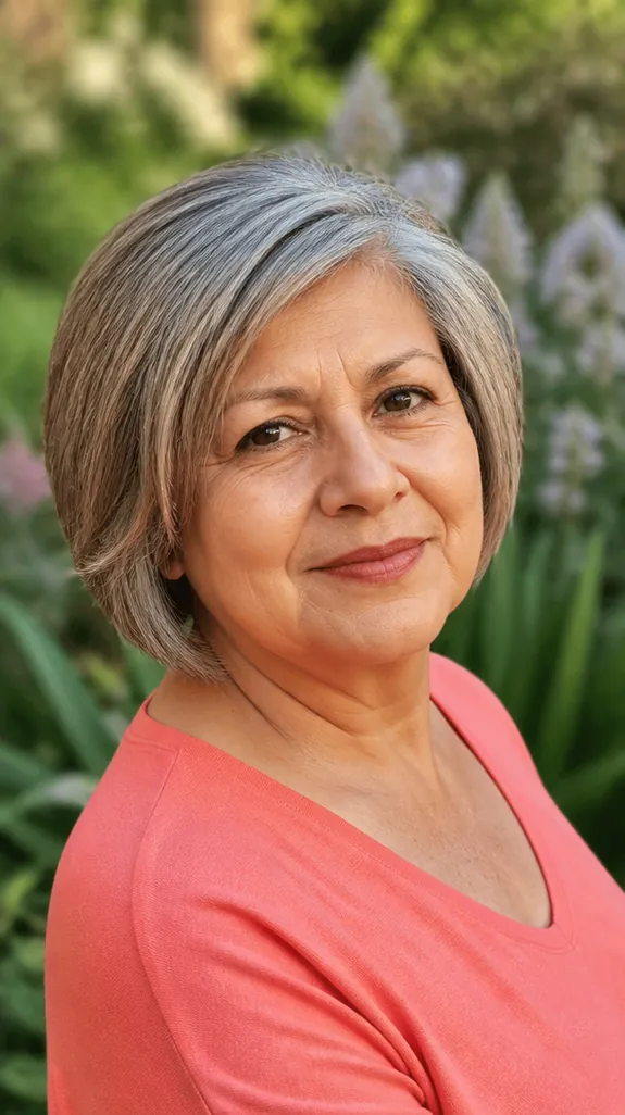 woman in her sixties with silver hair and darker lowlights