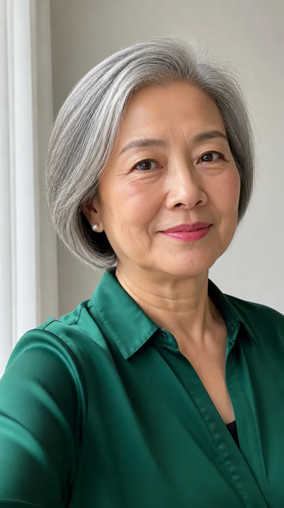 woman in her sixties with silver hair, rosy lipstick and an emerald top