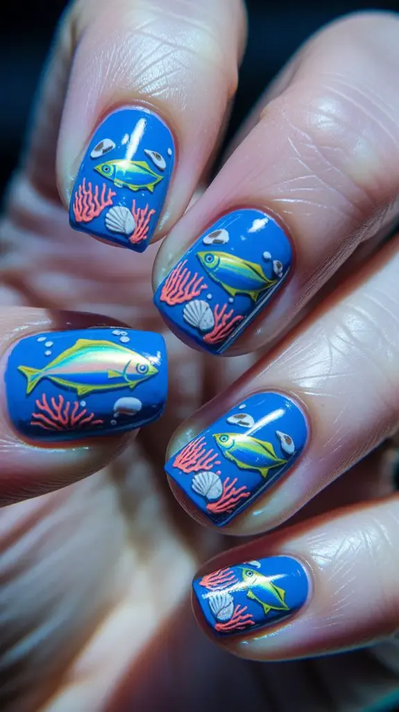 deep blue nails with painted fish, coral and shells