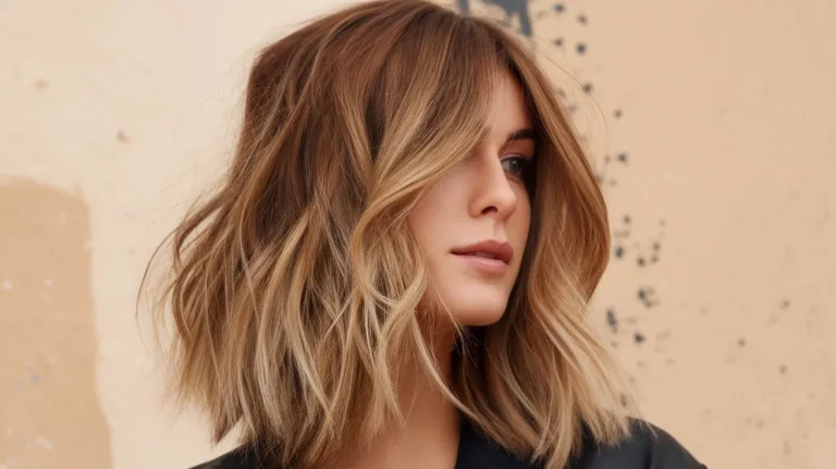 woman with medium-length layered hair with caramel balayage