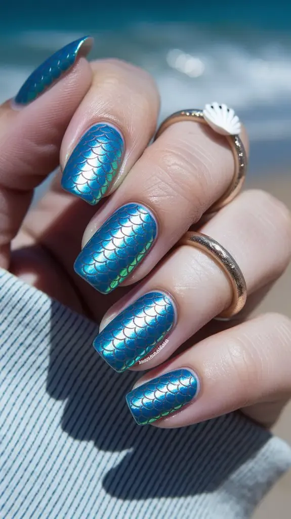 blue mermaid scale nails with a shimmer topcoat