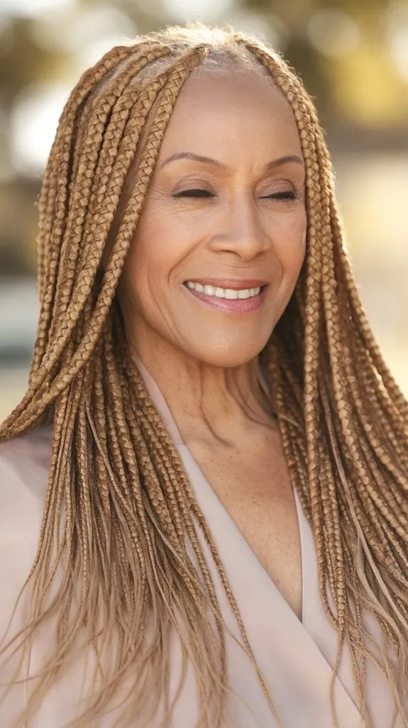 Black woman over 50 with long, fine honey-blonde micro braids