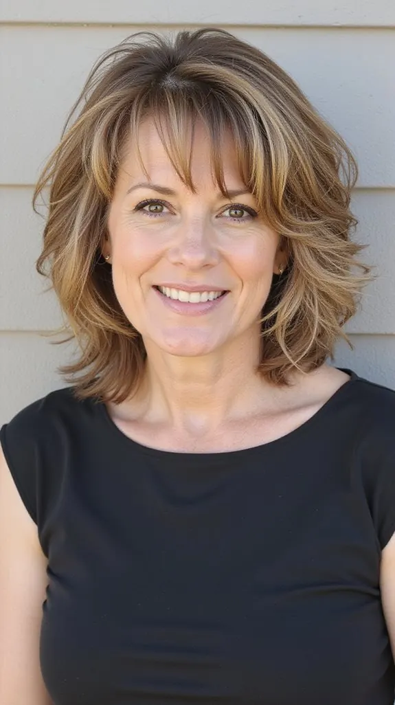 woman with a layered blonde bob, bangs and face-framing highlights