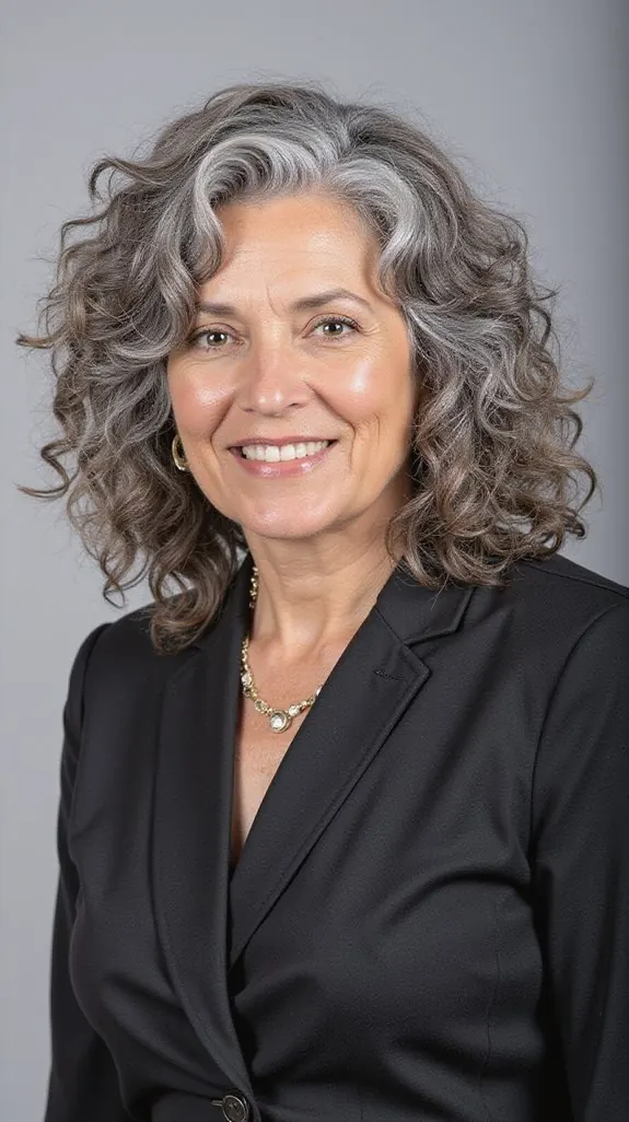 woman over 50 with a mid-length gray curly cut