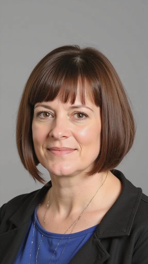 woman over 50 with a blunt chin-length bob and bangs