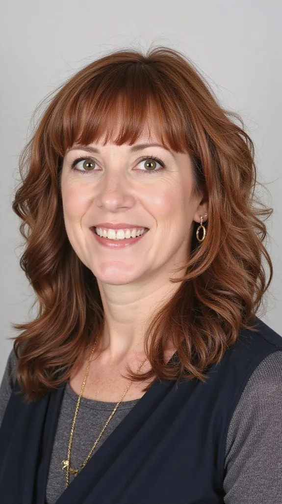 woman with a wavy auburn collarbone cut and side-swept bangs