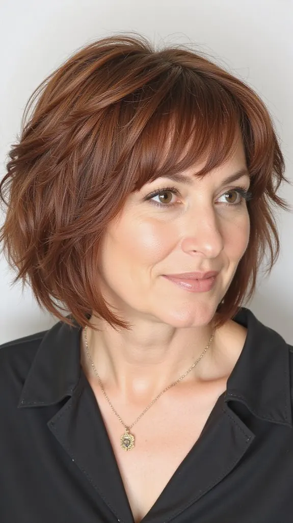 woman over 50 with an auburn graduated bob