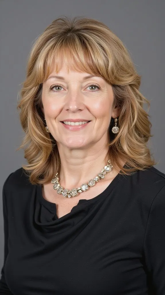 woman over 50 with a soft blonde layered cut and bangs