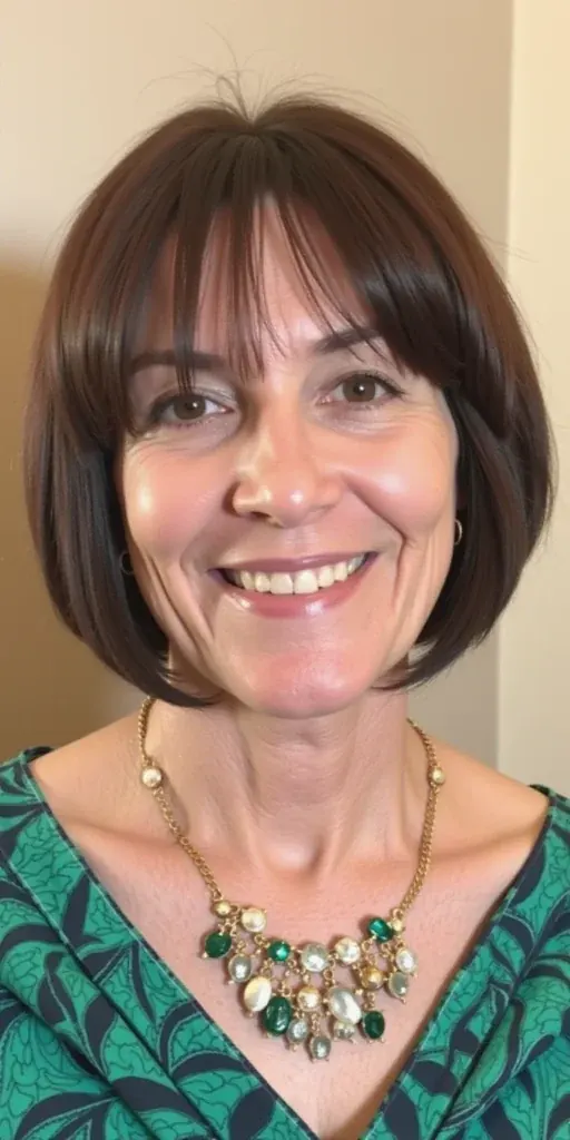 woman over 50 with a rounded chin-length bob and bangs