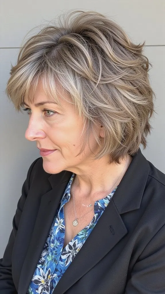 woman over 50 with a choppy gray-blonde layered cut