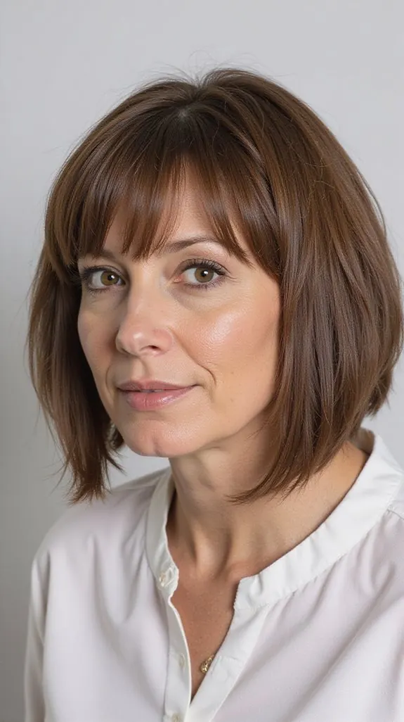woman over 50 with a sleek brown lob and bangs