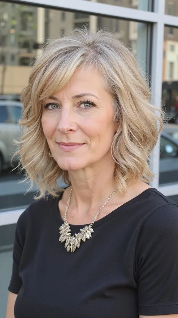 woman over 50 with a blonde shag and wispy bangs