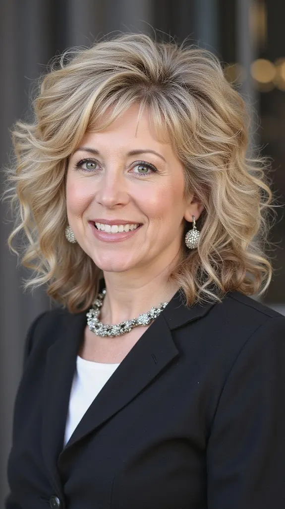 woman over 50 with big blonde blown-out waves