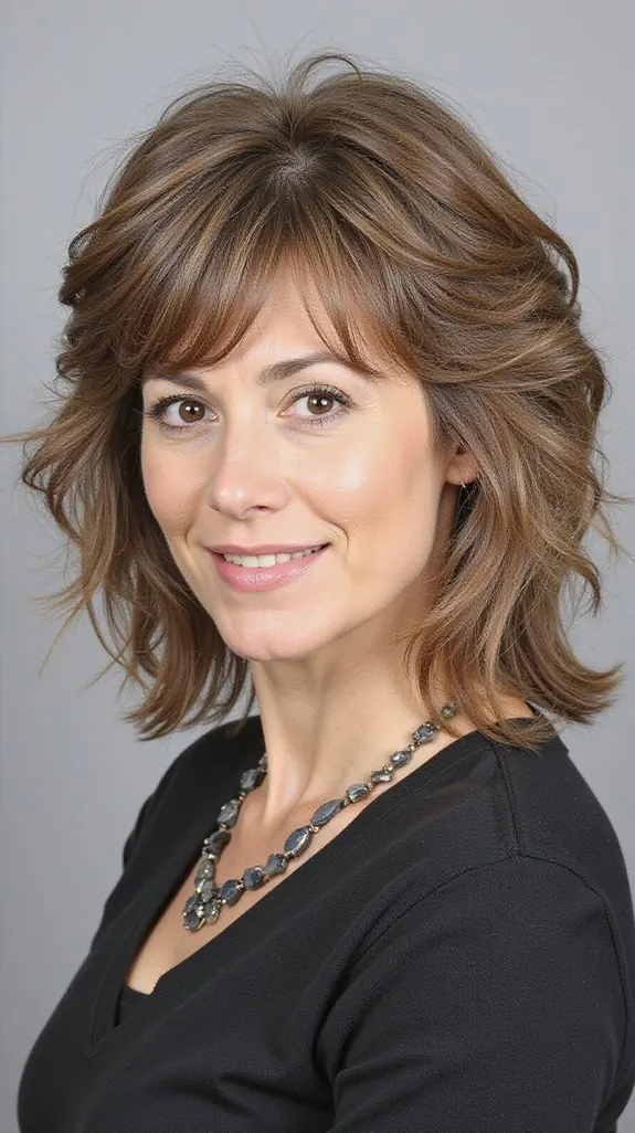 woman over 50 with shaggy brown layers and bangs