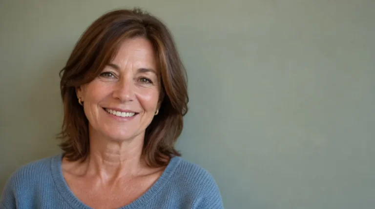 woman over 50 with a collarbone-length layered chestnut cut